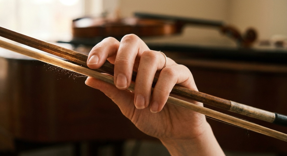 Close-up of an adult hand holding a violin bow with a softly blurred violin in the background, warm window light catching the bow stick