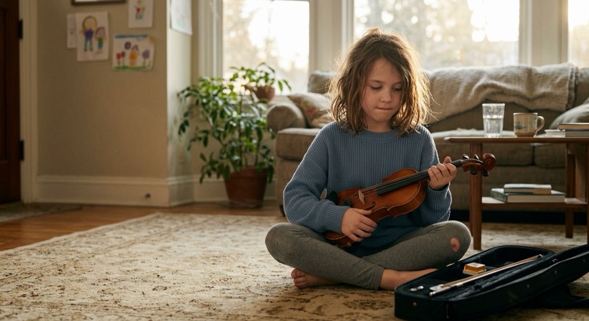 A young girl sitting cross-legged on a rug at home, holding a small violin in her lap with a thoughtful, unsure expression