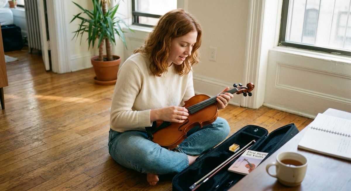 A young woman sitting on a wooden floor in a sunlit apartment, holding a new violin in her lap and looking at it with curious uncertainty