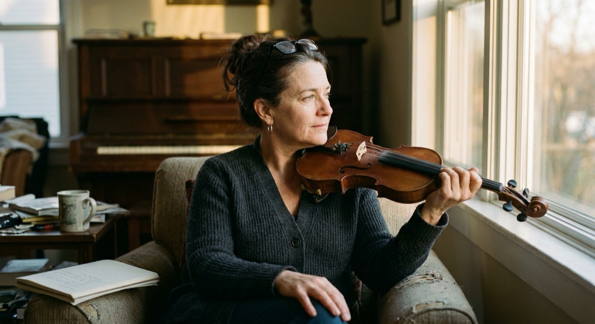 A woman in her early 50s sitting in an armchair by a sunlit window with a violin held softly against her shoulder, looking out with a calm reflective expression