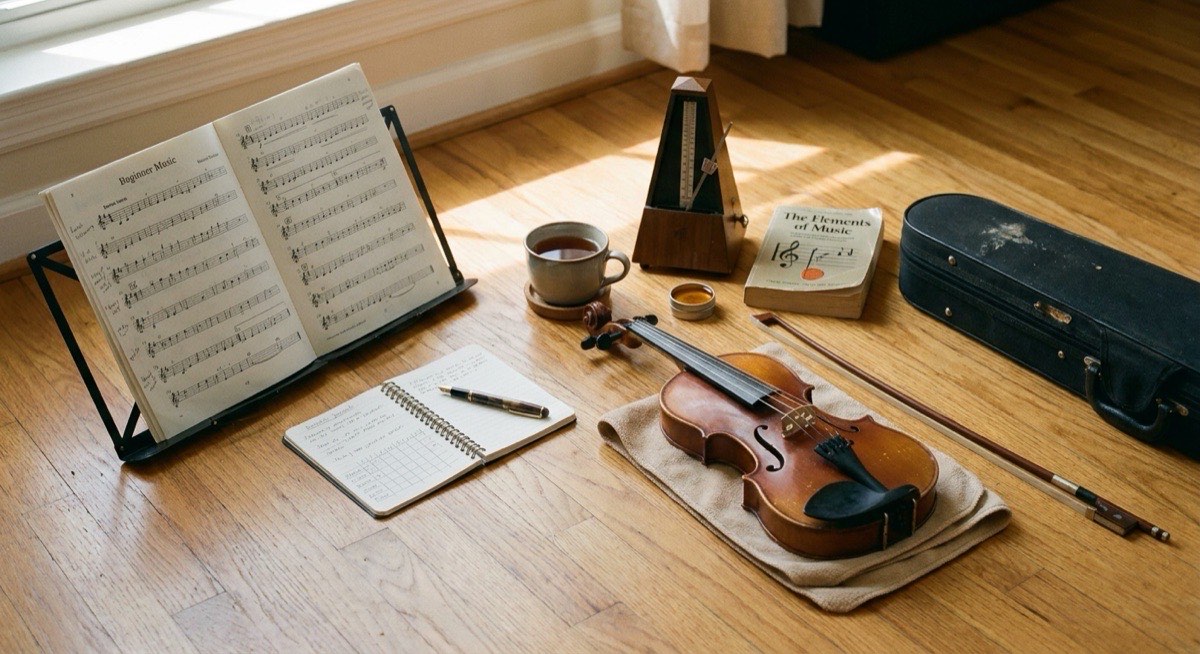 An organized violin practice setup on a wooden floor with sheet music on a stand, a metronome, a practice journal, and a violin resting on a folded cloth