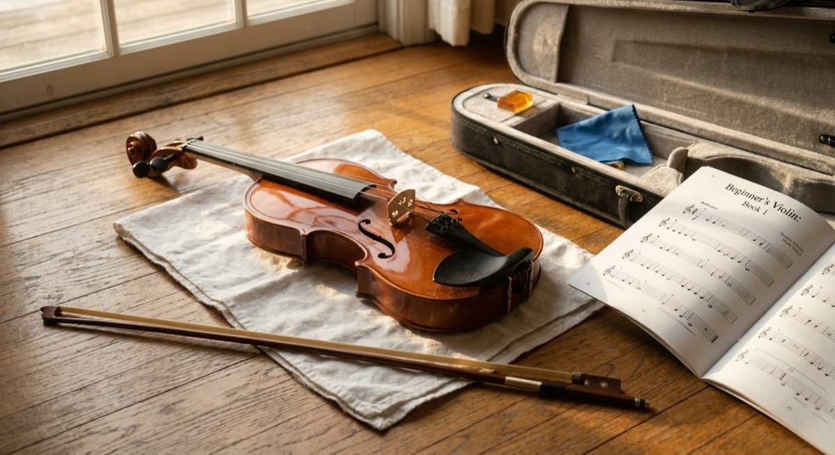 A violin and bow laid out on a soft cloth next to an open case and a beginner sheet music book, ready for a first practice