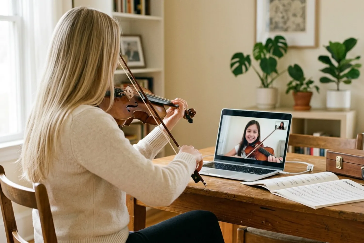An online violin lesson over a video call